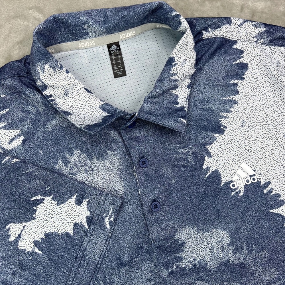 Adidas Golf Polo Shirt Mens XL Blue White Abstract Floral Mesh Performance Pique